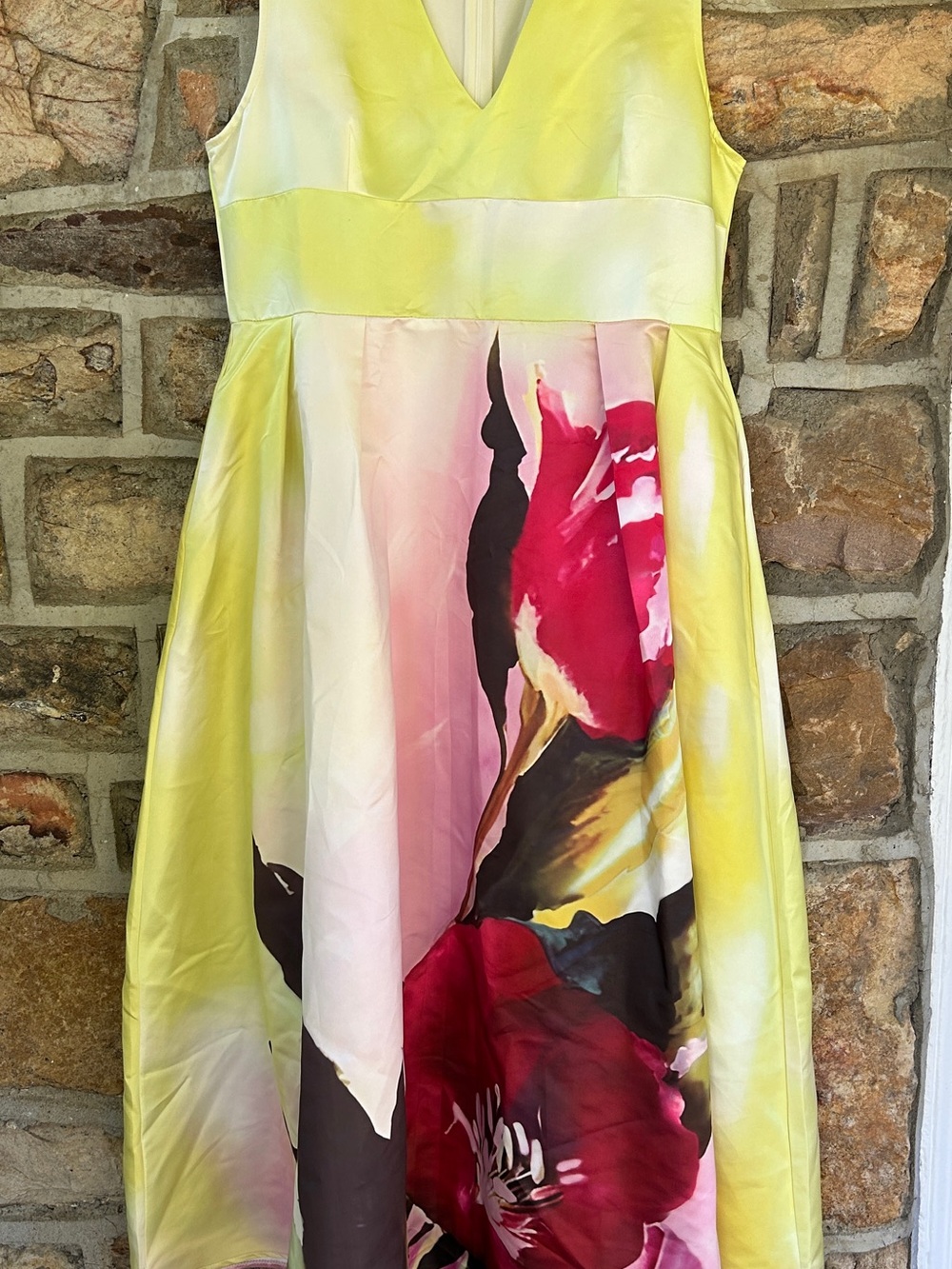 Yellow satin Floral Fit-and-Flare Dress size XL